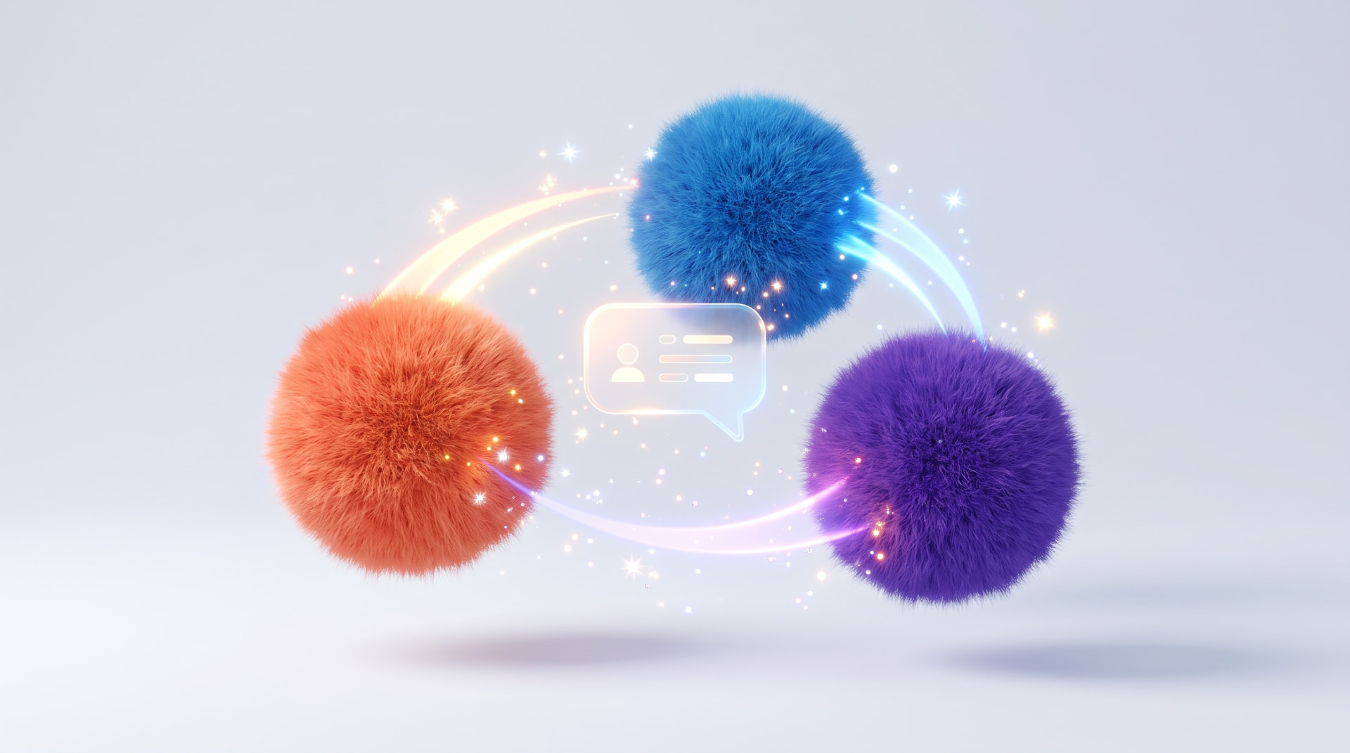 Three fuzzy agent spheres in coral, blue and purple orbiting a glowing chat bubble
